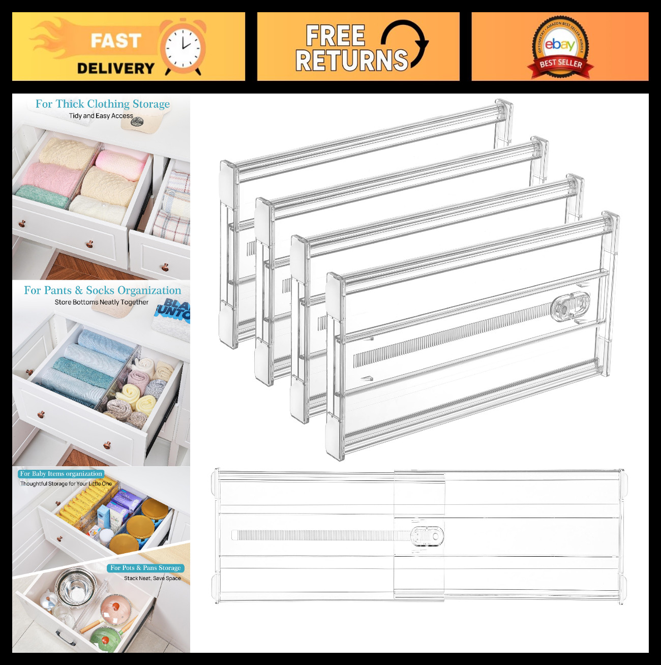 4 Pack Adjustable Drawer Dividers 6″ Tall, Expandable Organizers for Deep Drawer