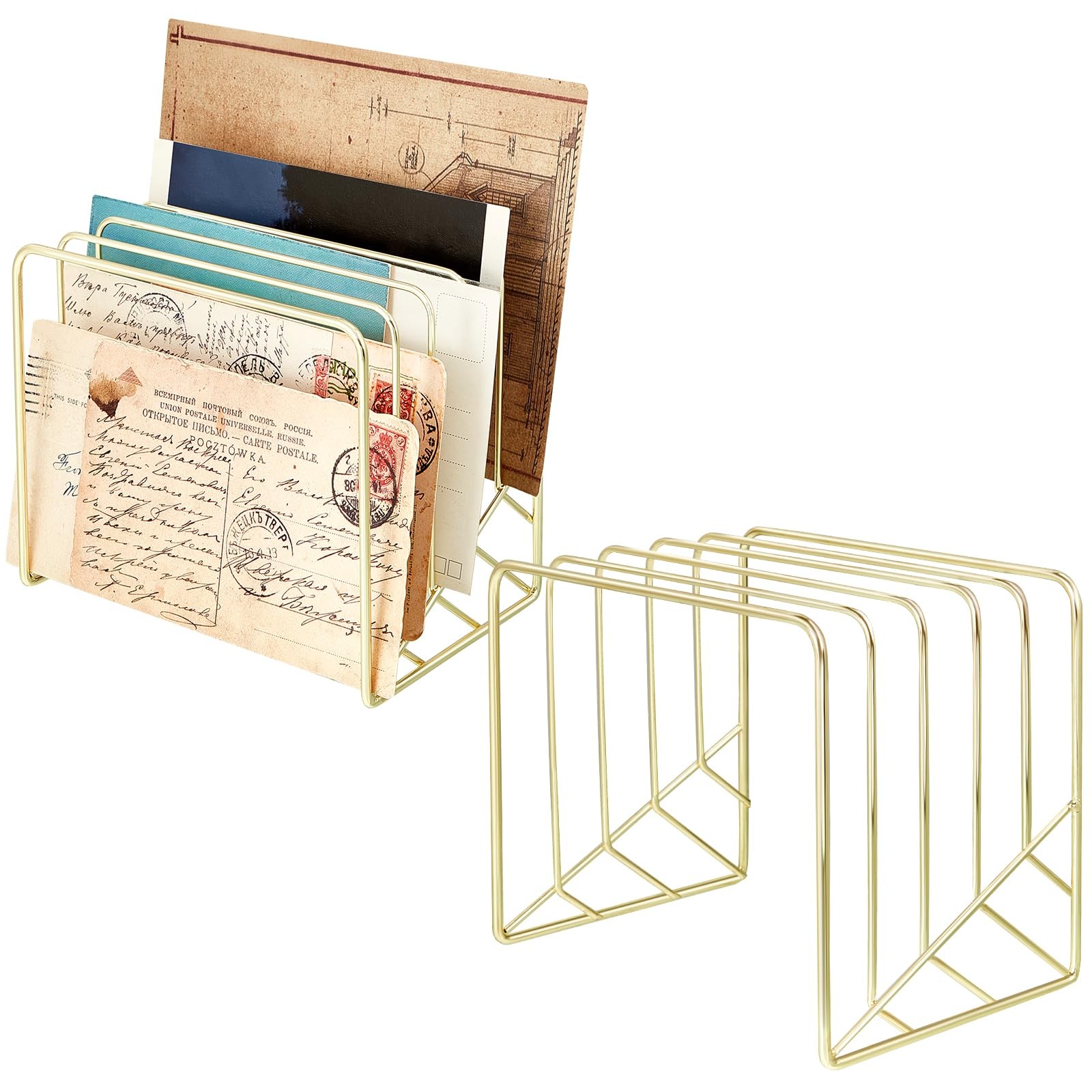 2 Pcs Gold Metal Letter Sorter, 5 Slot, Magazine File Holder, Desktop, Mail