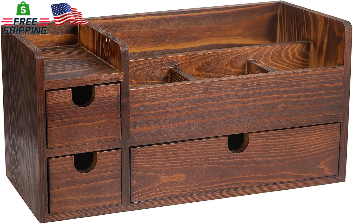 Rustic Brown Wooden Desktop Organizer Drawers Removable Office Supplies Torched
