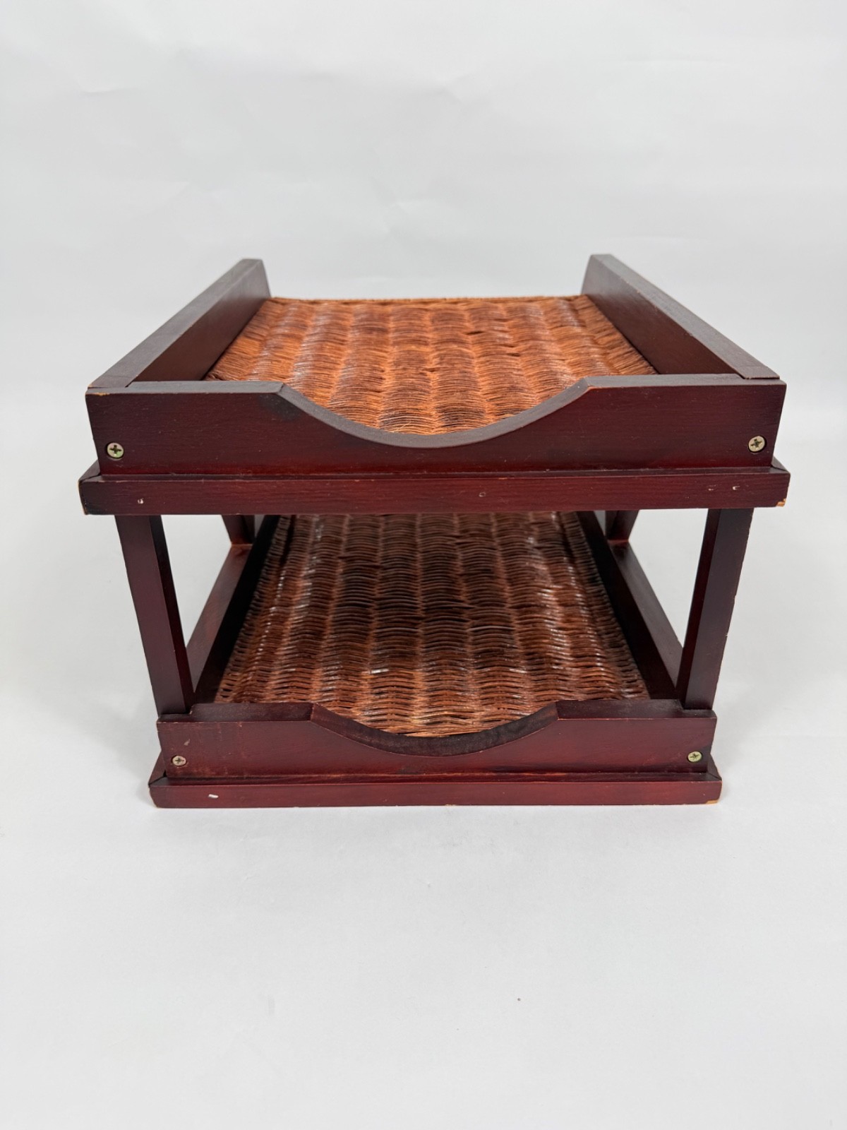 VTG Two Tier Woven Rattan Desk Letter Tray Dark Wood Desk File Organizer READ