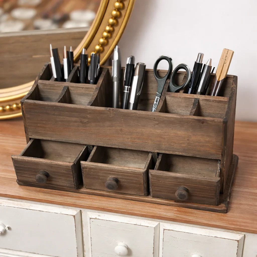 Primitive Tabletop Desk Organizer Wood Cubby Drawers Farmhouse Country