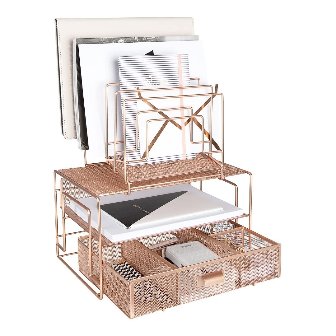 BLU MONACO Rose Gold Desk Organizer with Drawer | Metal Mesh