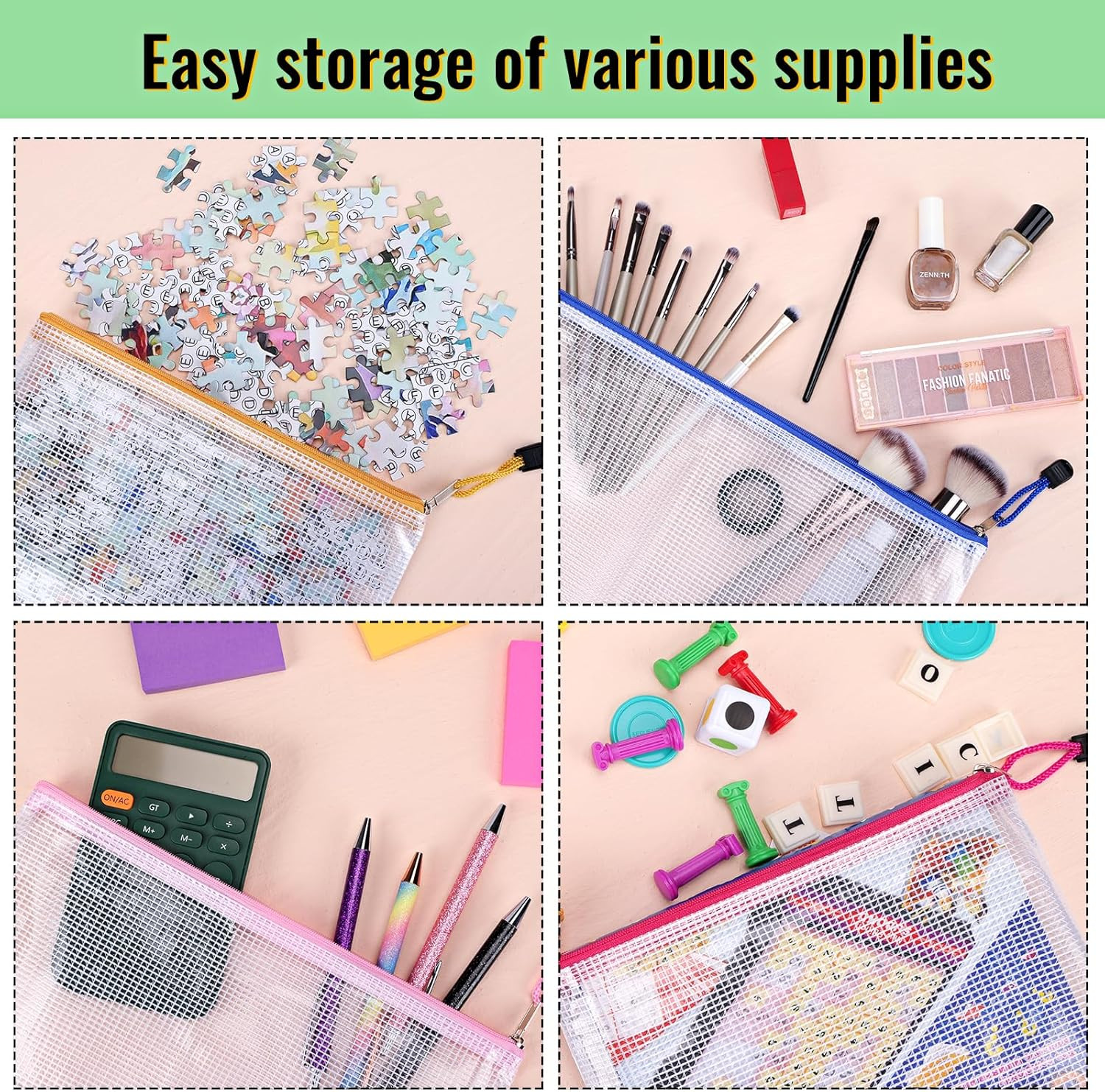 14Pcs Zipper Pouches for Organizing, 8 Sizes 14 Colors Waterproof Mesh Bags