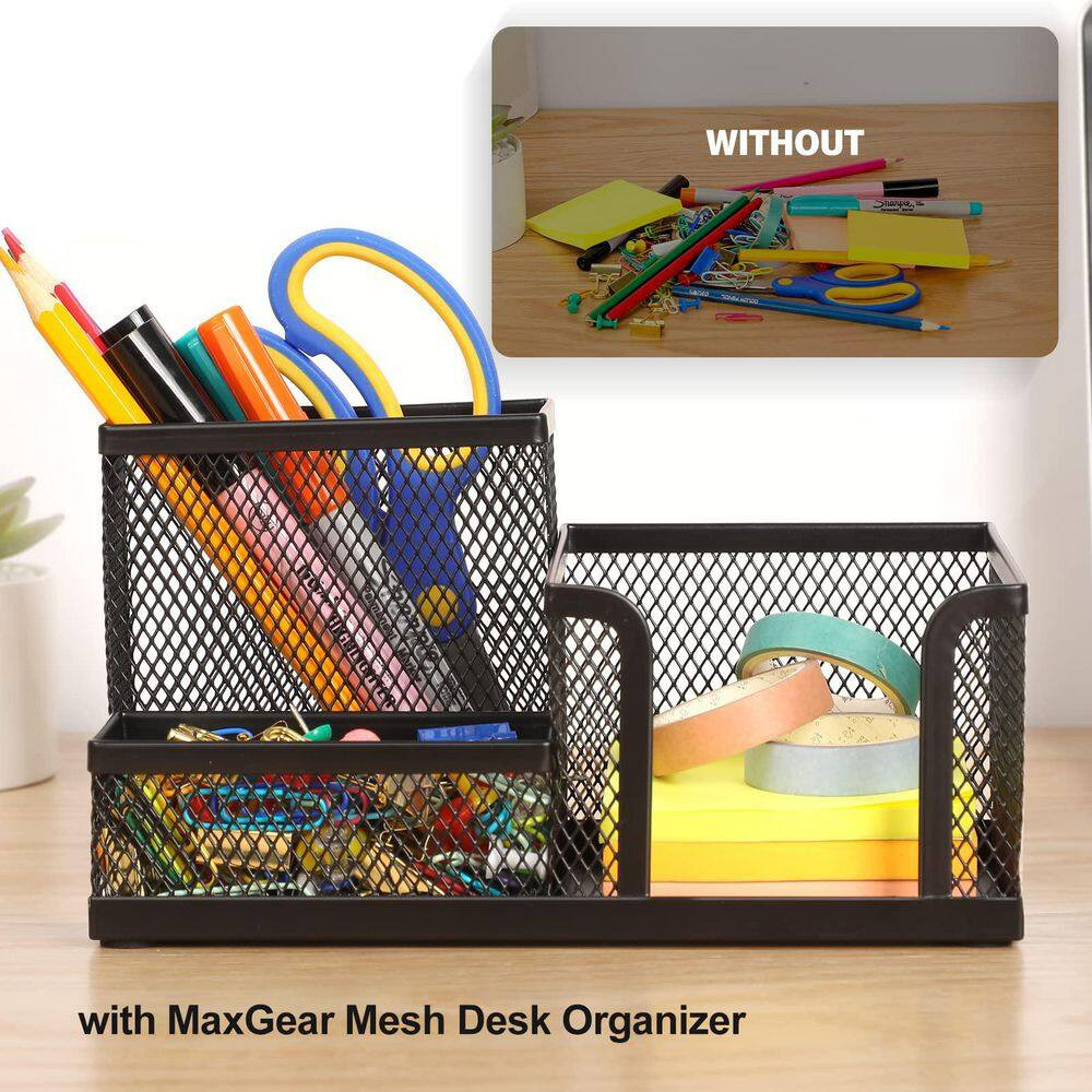 Black Metal Mesh Desk Organizer 3-Compartment Pen Pencil Holder Non-Slip Base Of