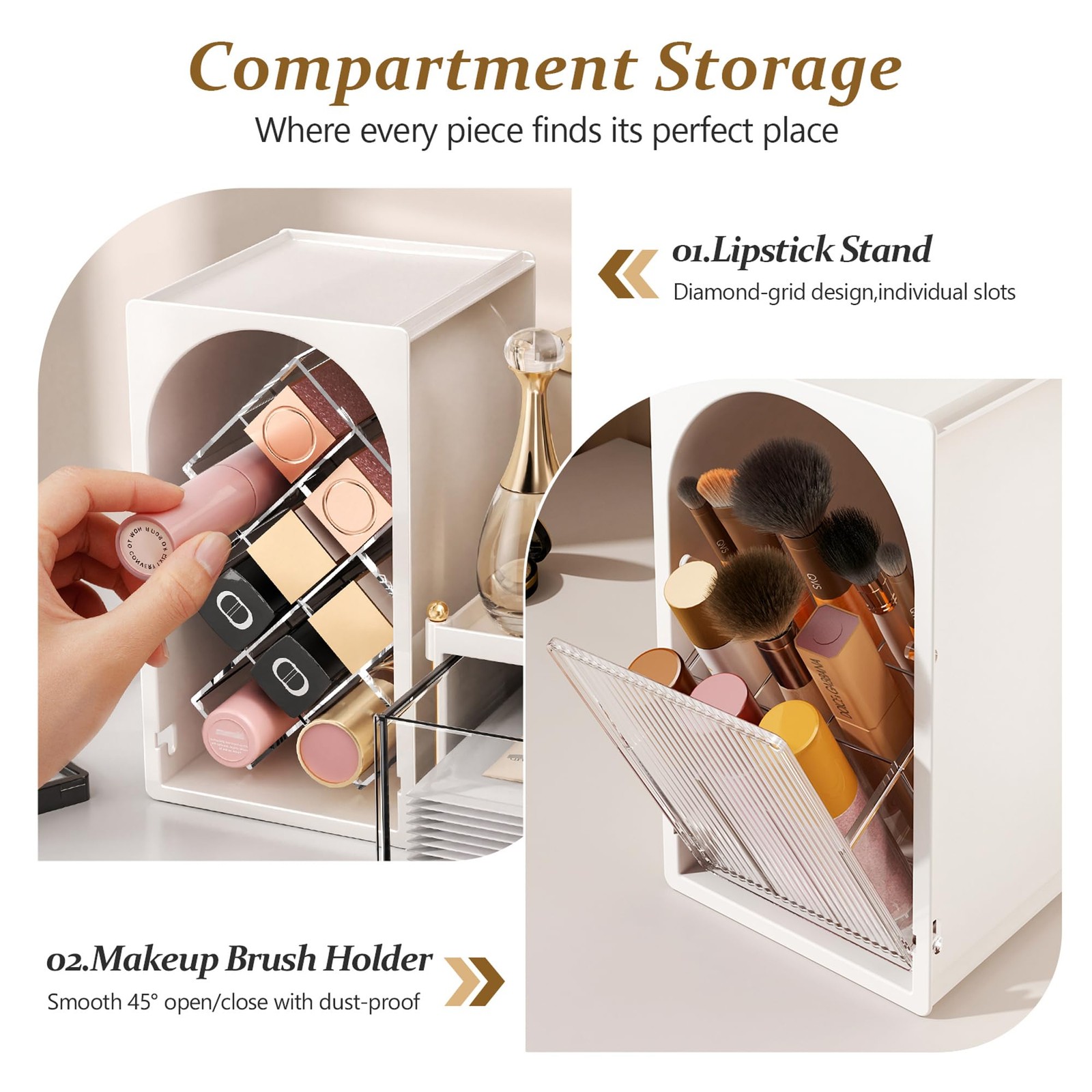 FOLLOWIN Compact Makeup Organizer Set, Lipstick Holder White & Transparent