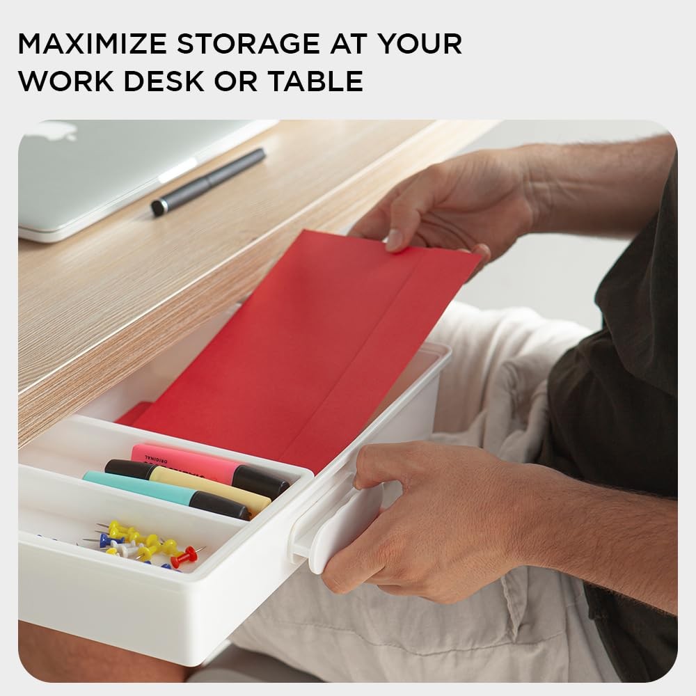 Under Desk Drawer Slide Out Hidden Organizer White 13.3×10.02×2.8 Inch
