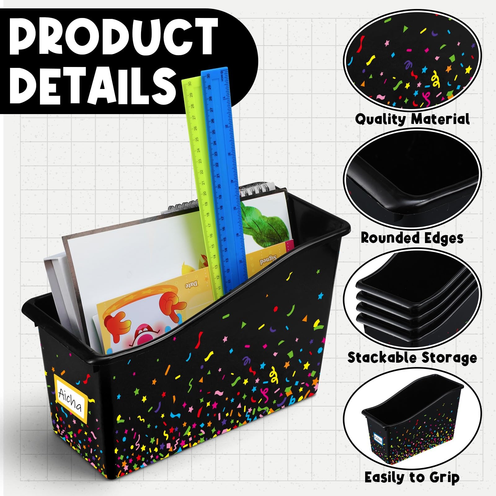 24 Pack Black Book Bins for Classroom Bulk Confetti Book and Binder Holders w…