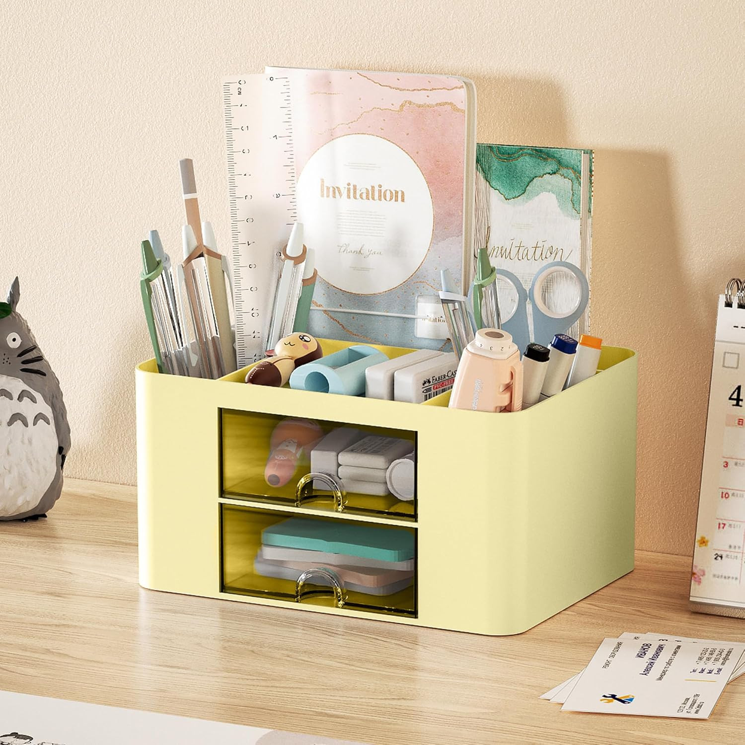 Desk Pen Organizer with 2 Drawers 5 Compartments for Office Supplies Yellow