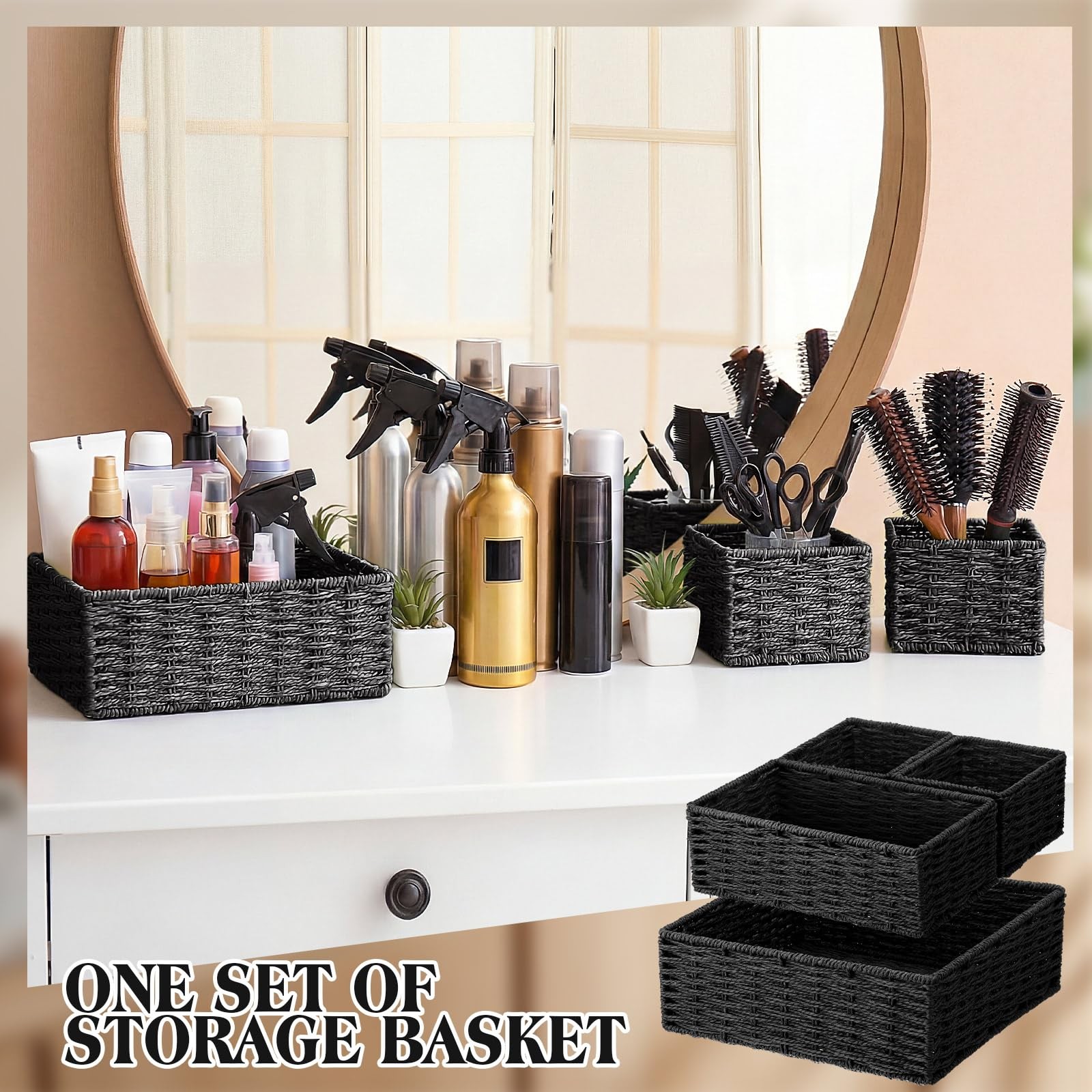 4 PCS Black Storage Baskets Rustic Paper Rope Woven Bin Decor 3 Sizes Set Home
