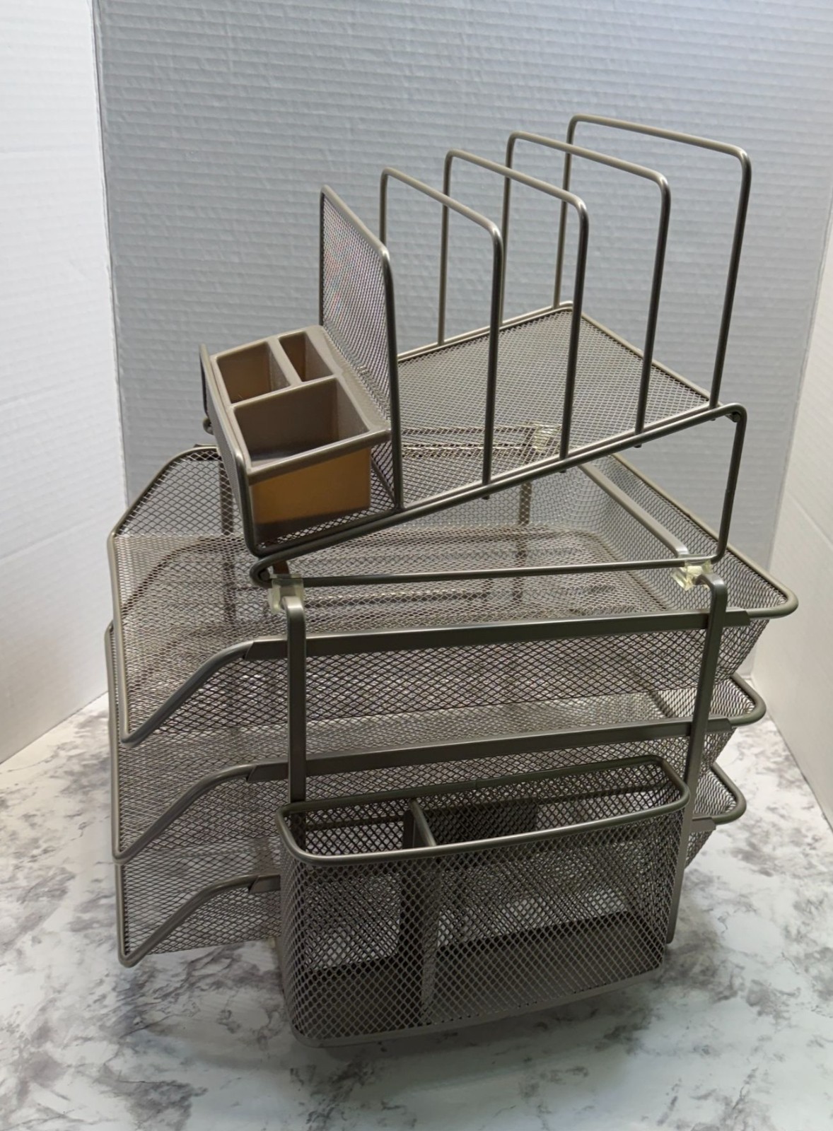 Mesh Metal Office Desk Organizer Steel Grey Finish Sliding Baskets Paper Holders