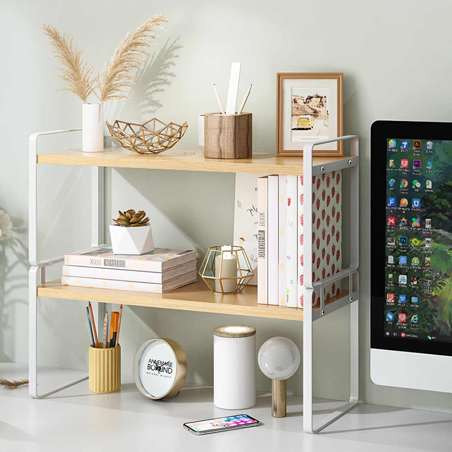 YGYQZ Wood Office Desk Shelf 6.2D x 11.8W x 6.2H in, White–two Tier