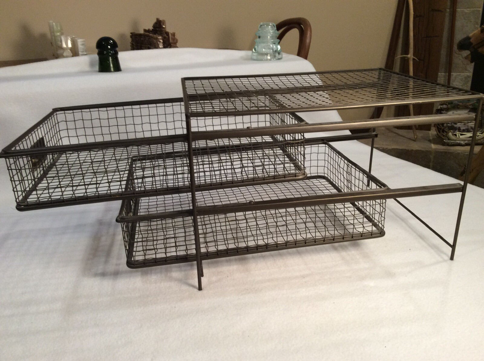 Vintage Metal Wire Office Desk Top File Paper Double Sliding Basket Storage Bin