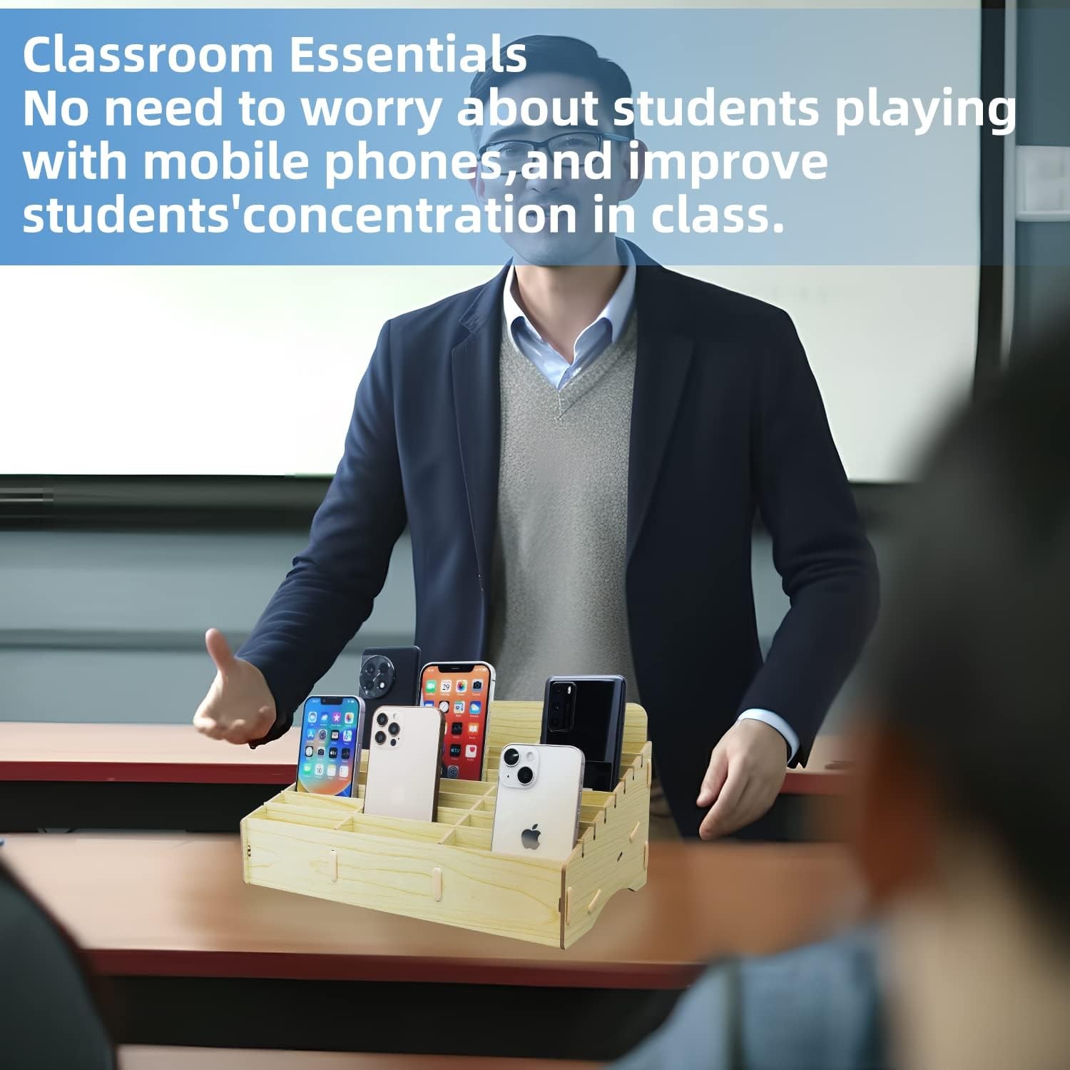 HengTianMei 24 Grids Cell Phone Holder Classroom 24 Standard, Natural Wood