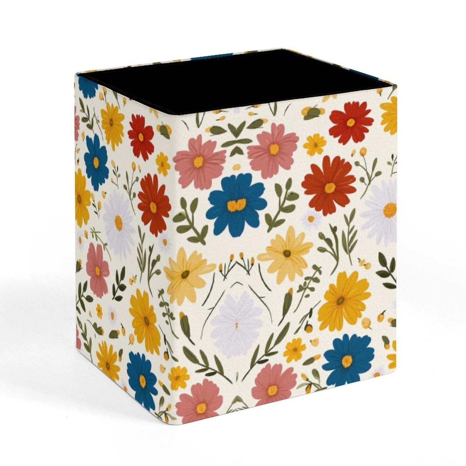 Flowers Print Square Leather Pen Holder, Minimalist Desk Organizer for Office…