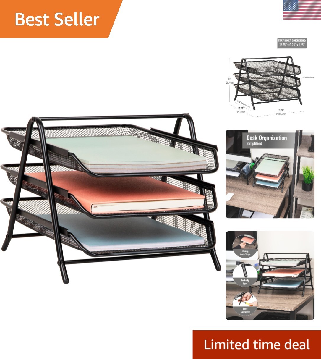 Compact 3-Tier Metal Mesh Paper Organizer – Durable and Lightweight Design