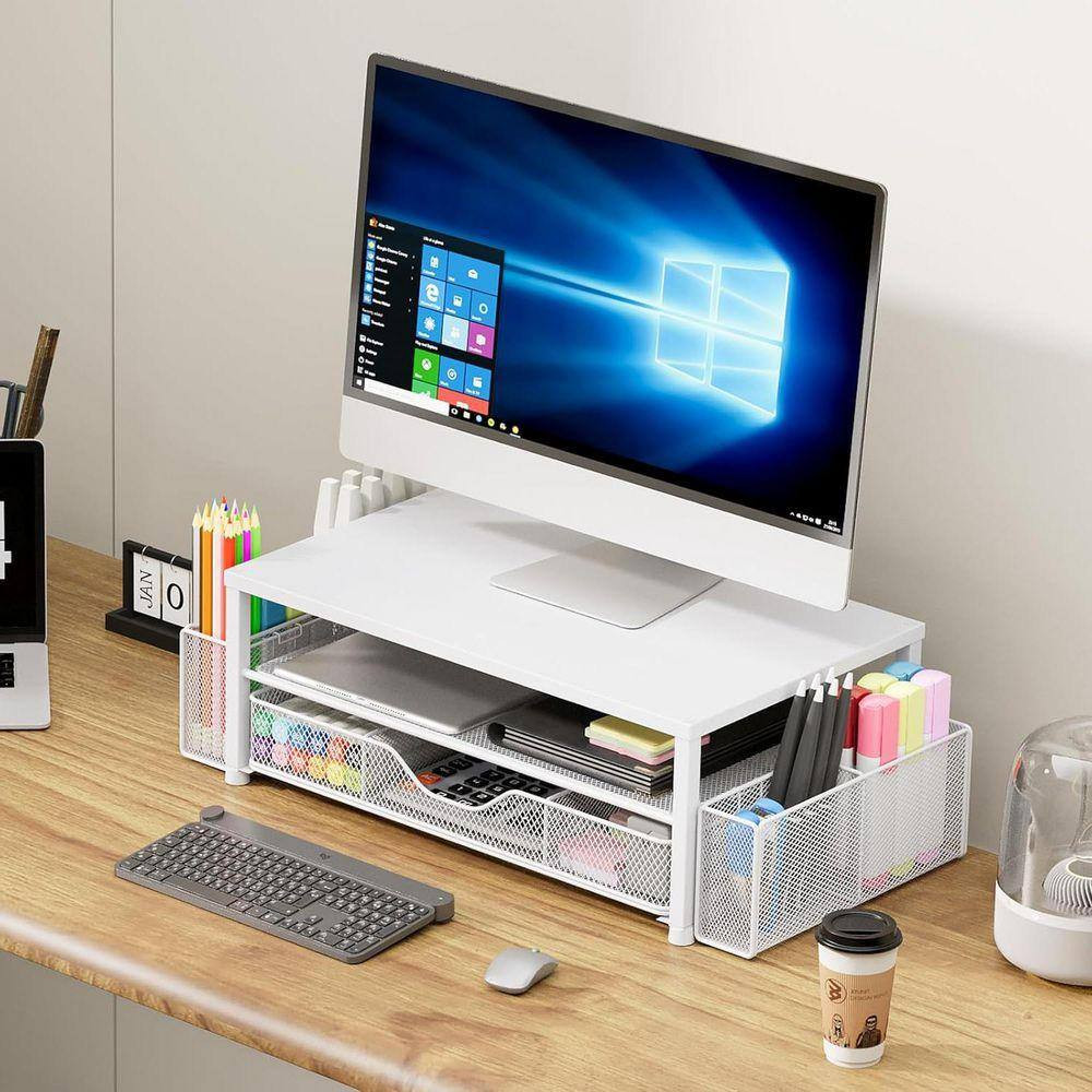 White 15.5 In. X 6.3 In. Metal Modern Desk Organizers with Drawer and 2 Pen Hold