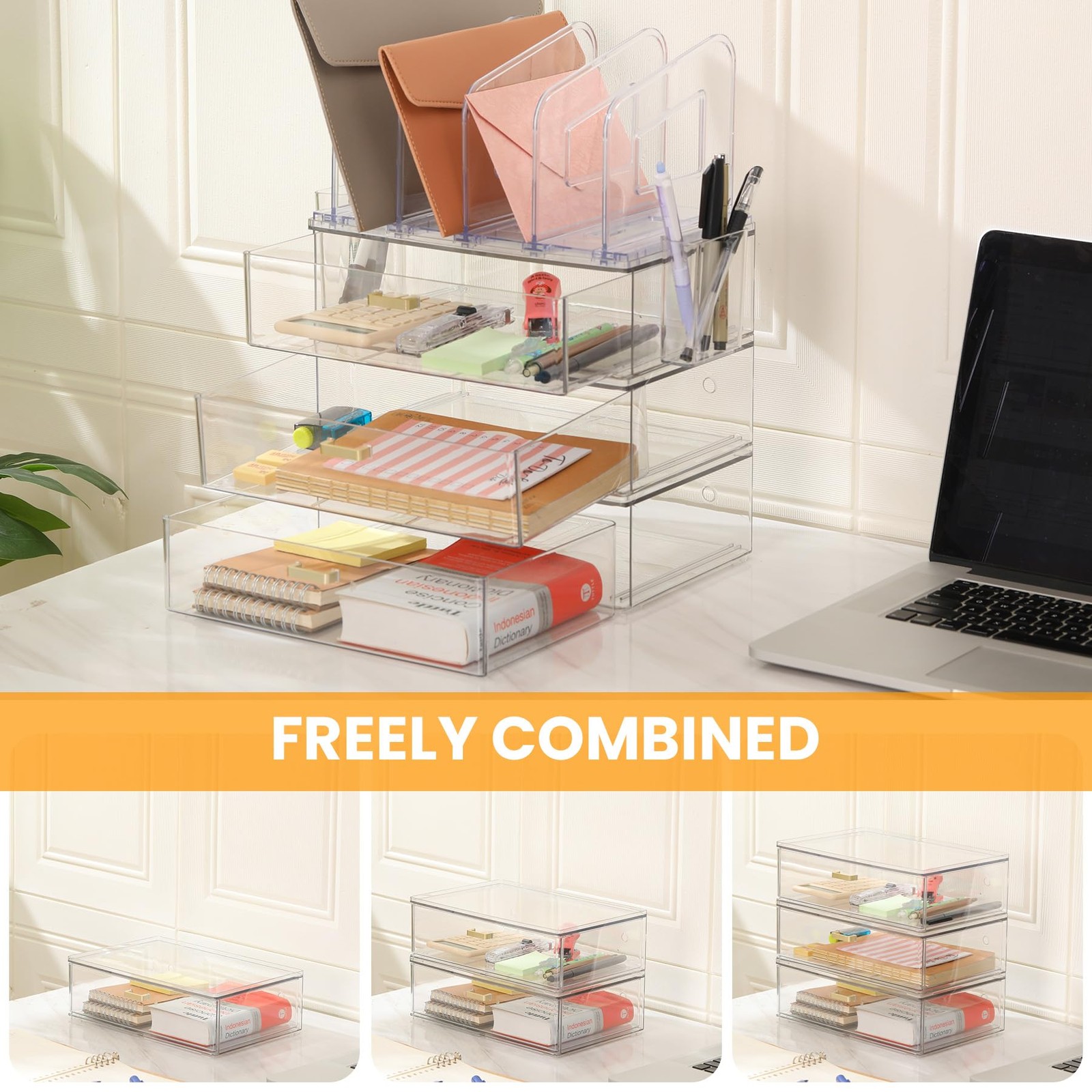 LALOBLUE Acrylic Desk Organizer with 4-Vertical File Holder 3 Layer, Clear