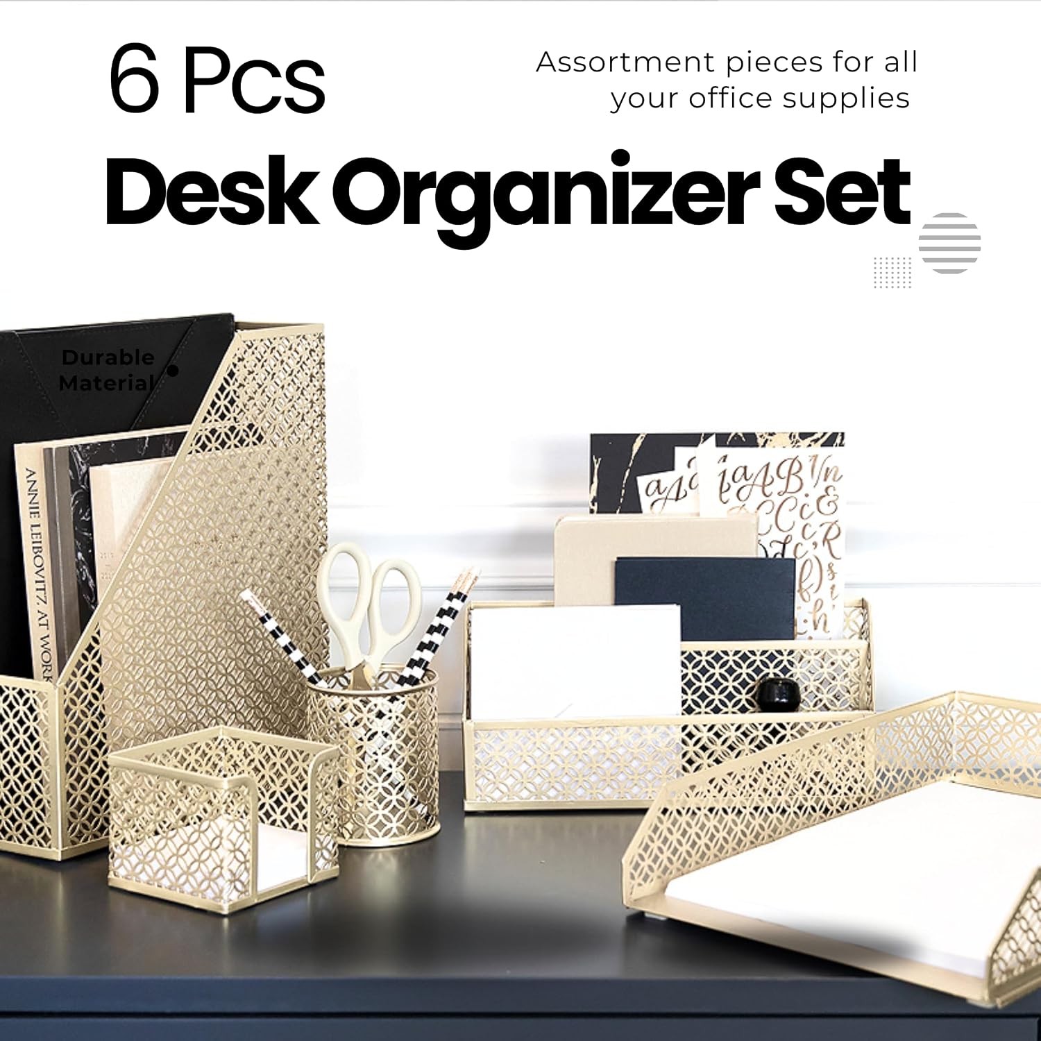 Gold Desk Organizer Set Mail Sorter Pen Holder Letter Tray Office Accessories