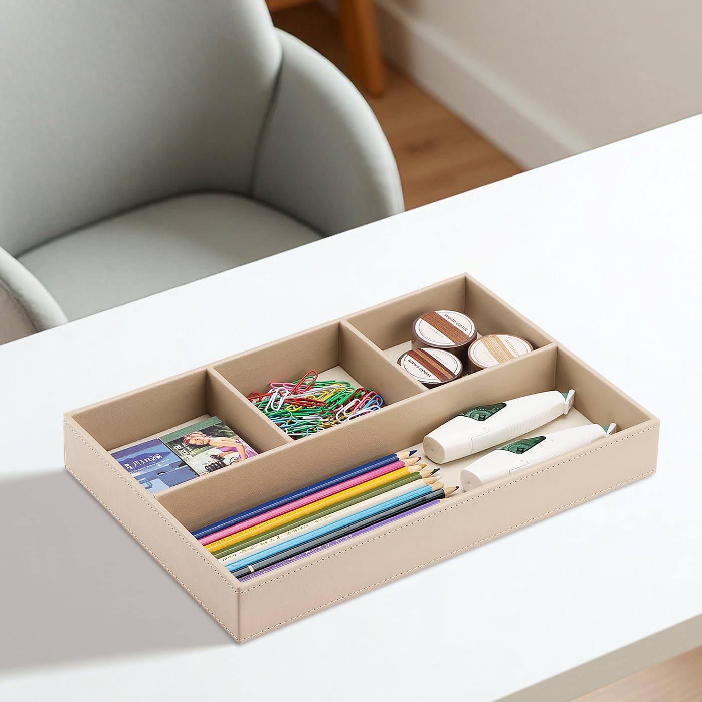 4-Slot Leather Drawer Tray Desk Stationery Sundries Organizer Storage Box Pen…