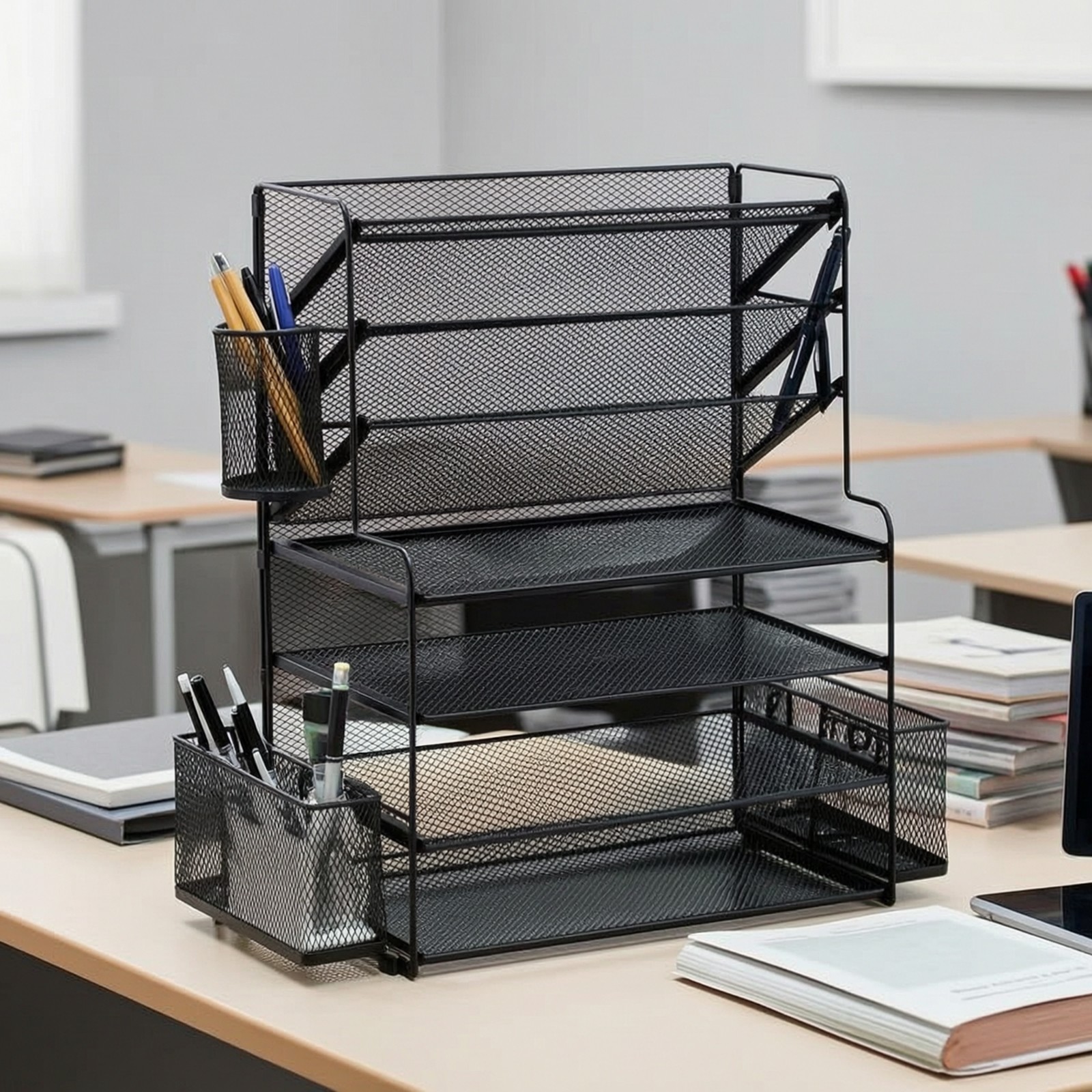Document Rack with Side Baskets Slanted Mesh Desk Organizer Stepped for