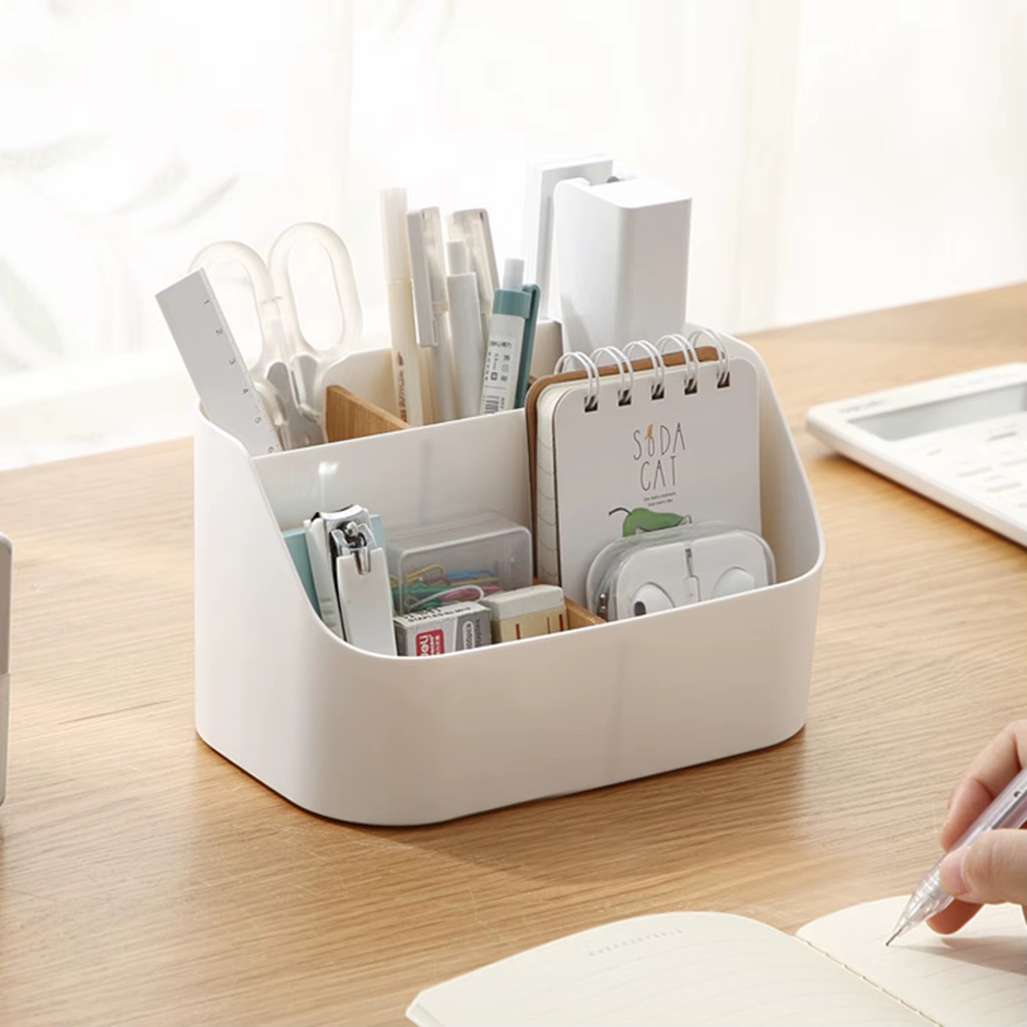 Versatile White Desktop Organizer — Storage Box with Five Compartments.