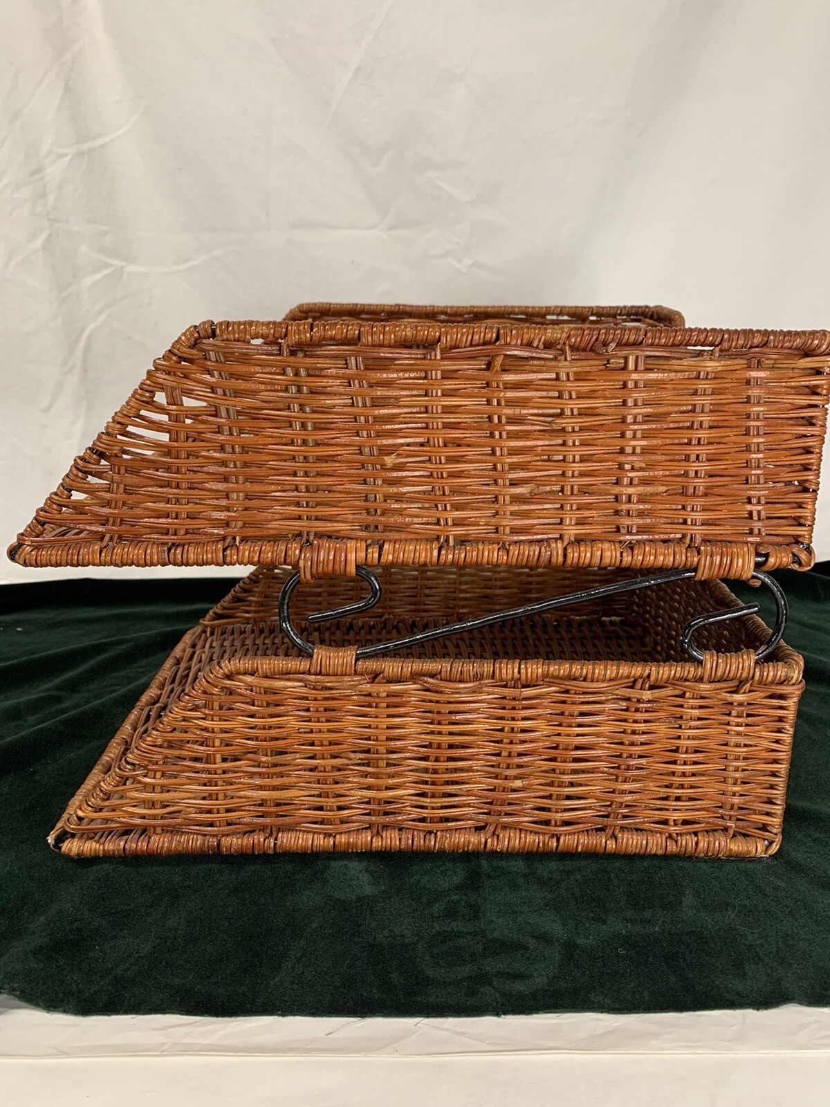 Wicker Desk Letter Paper Organizer Wire & Rattan Brown 2 Tier Double Tray Office