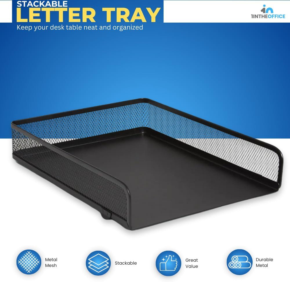 Stackable Letter Tray, Matte Black Wire Mesh Front-Load Letter Tray