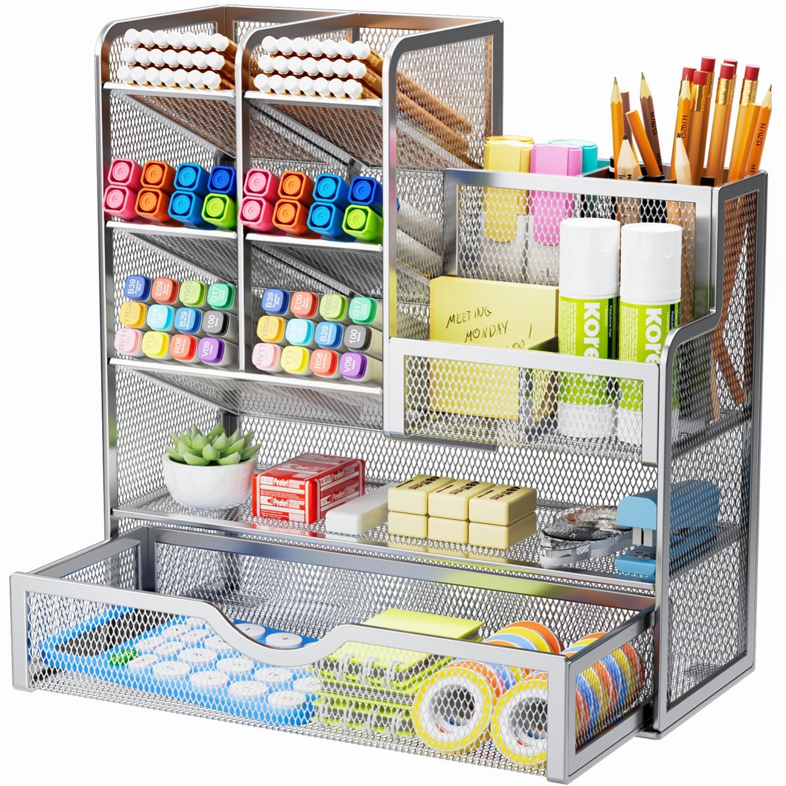 Multi-Functional Mesh Pen Holder with Drawer, Desk Organizer for Office Supplies