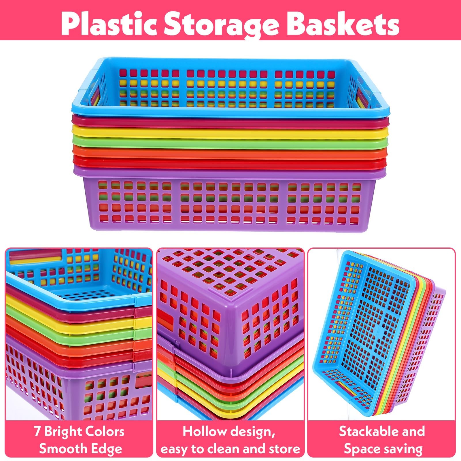7 PCS Multicolor Plastic Turn In Paper Trays Handles 13.58x10x3.14 Inch Bins