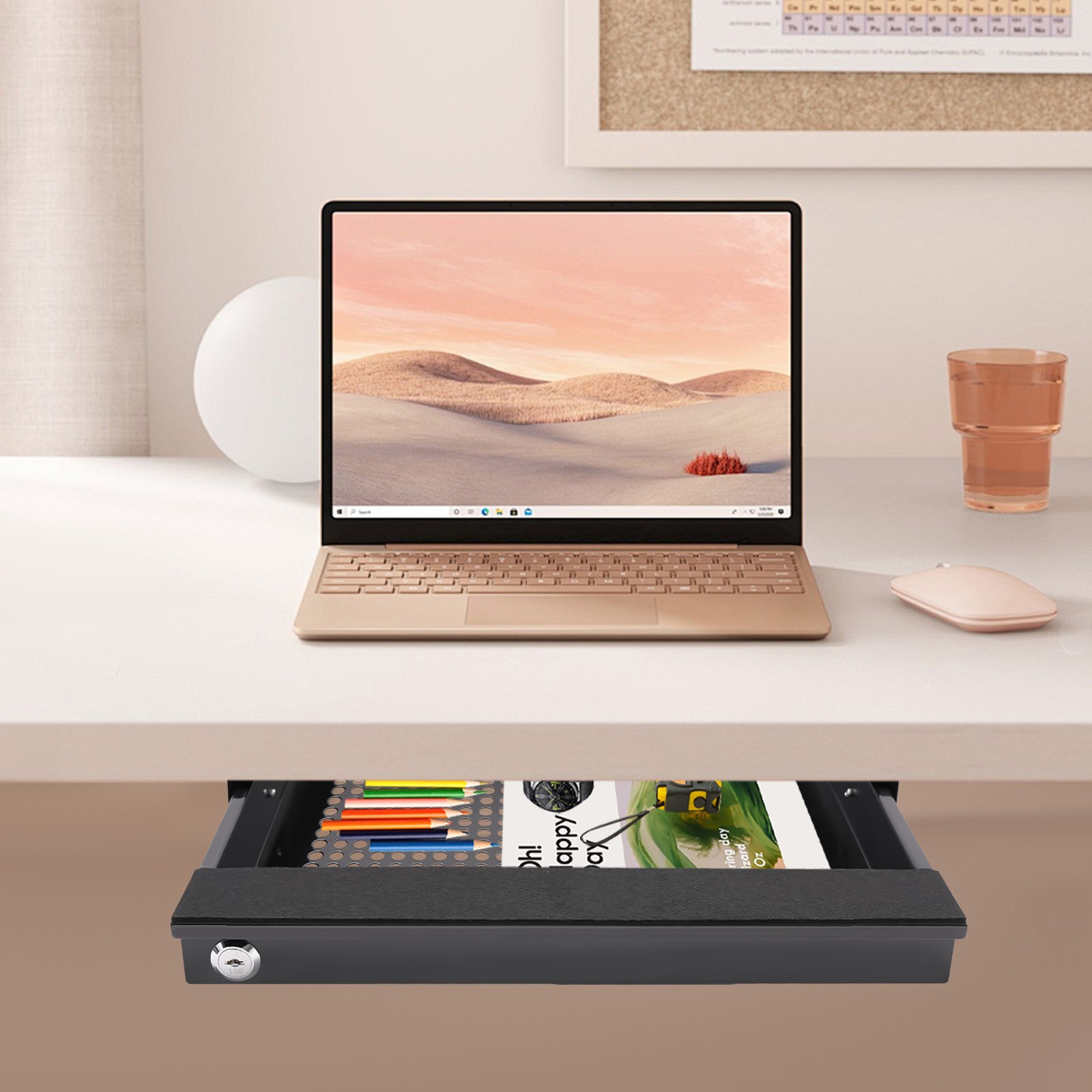 Black Iron Under Desk Mounted Sliding Pull-out Drawer w/Keys for Standing Desks