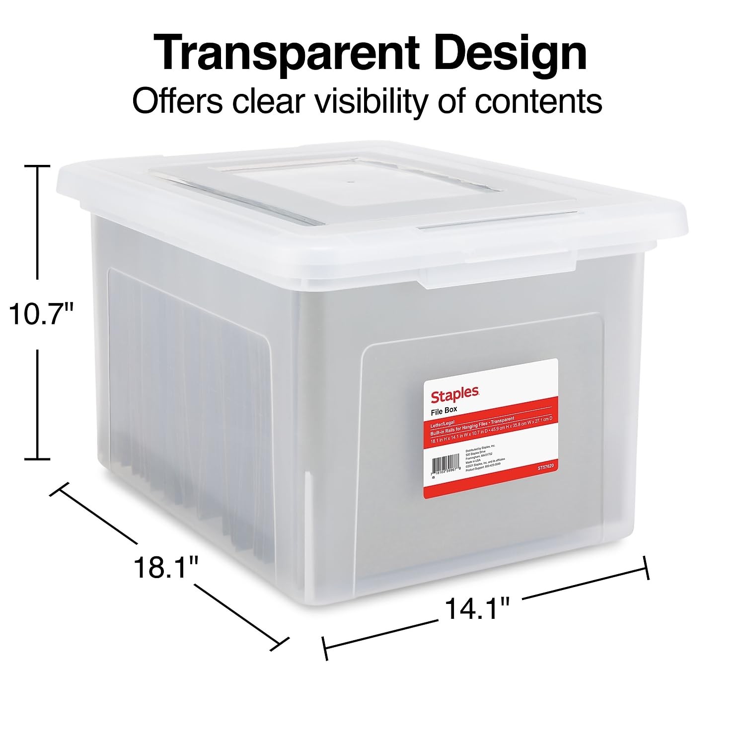 STAPLES Hanging File Folder Box, Storage Bin Organizer, Snap 1 Pack, Clear