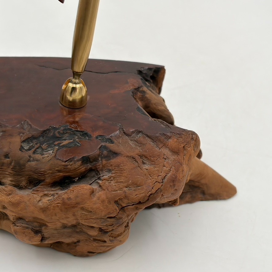 VTG Burl Wood Cattail Bird Desk Organizer Box Brass Pen Holder Mid Century MCM