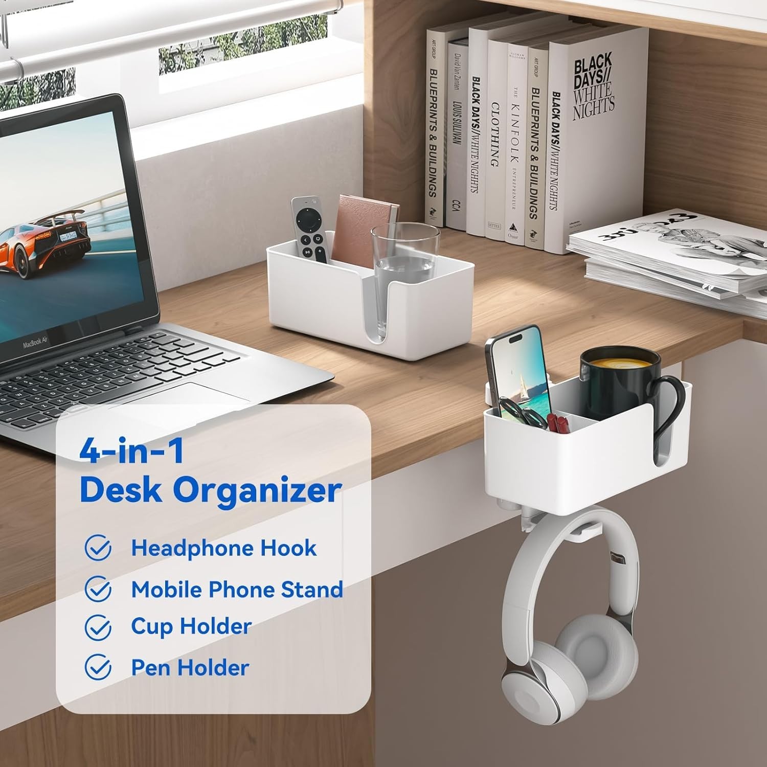 Modern Rotating Desk Organizer with Detachable Storage & Cup Holder – White