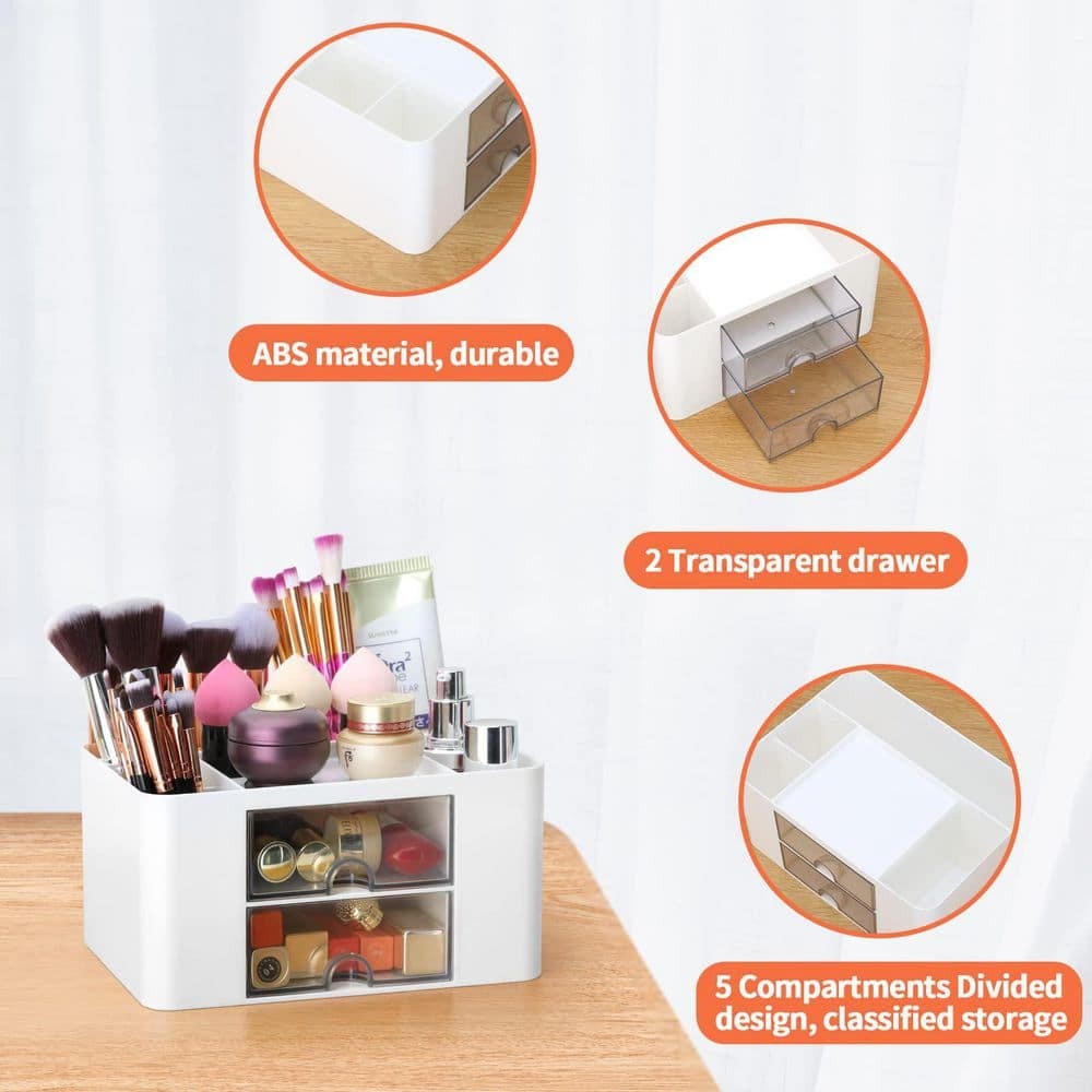White 7.7 In. X 5.5 In. X 3.9 In. Plastic Modern Desk Organizer with 2-Drawers f