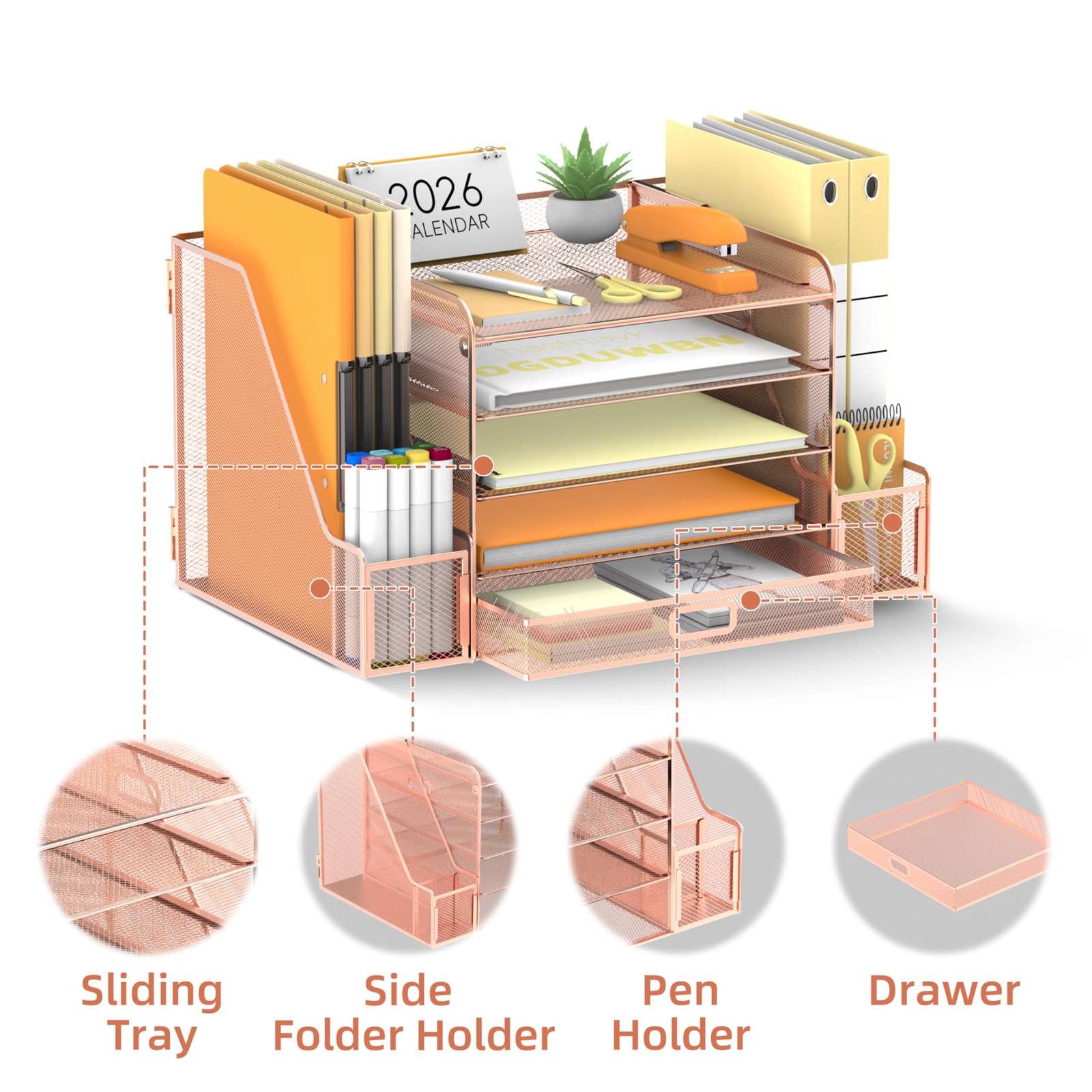 SUPEASY Mesh Desk Organizer with File Holder, 5-Tier Paper Medium, Rose Gold