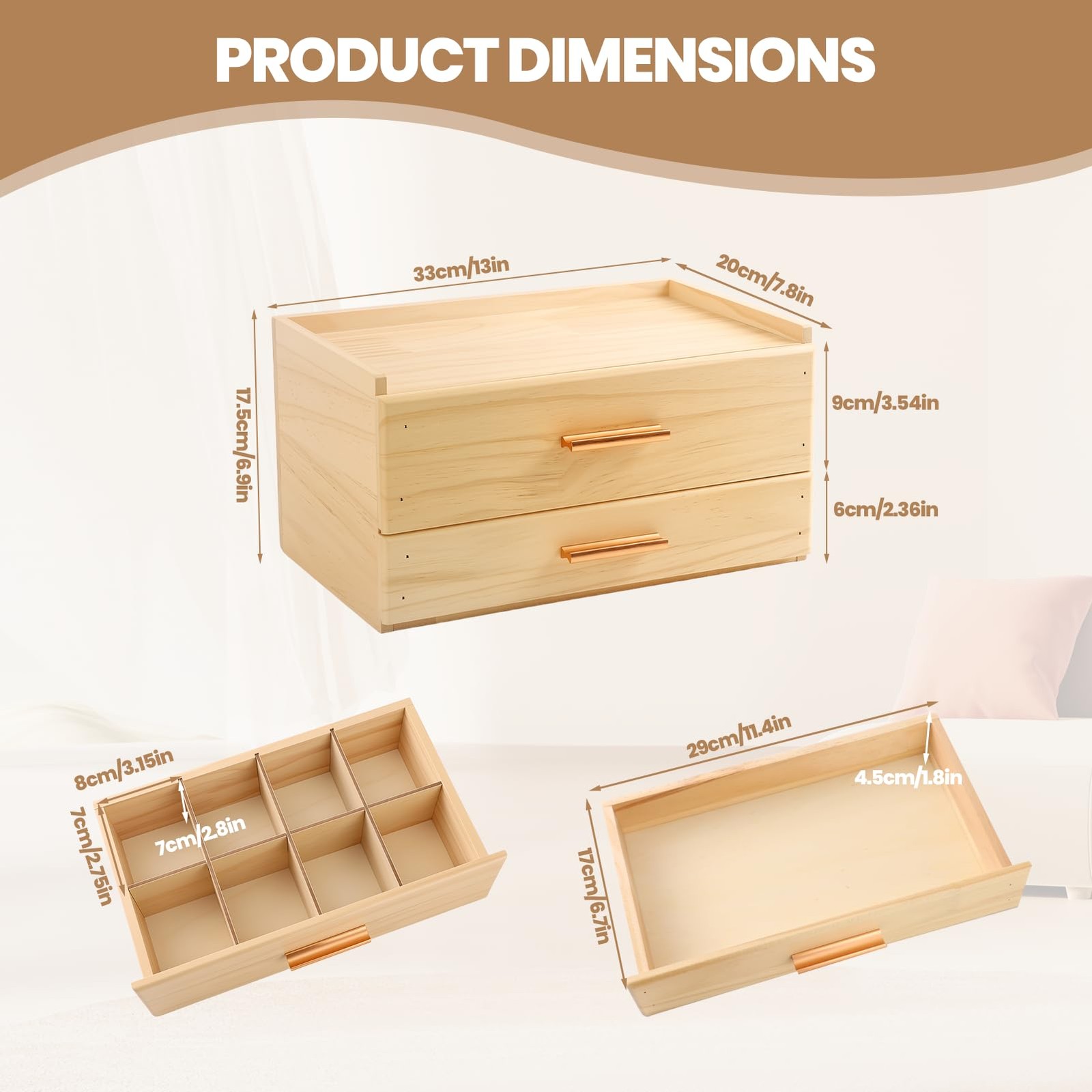 MEKOTRIN Wooden Tea Box Organizer, Double-Drawer #312, Natural Wood Color