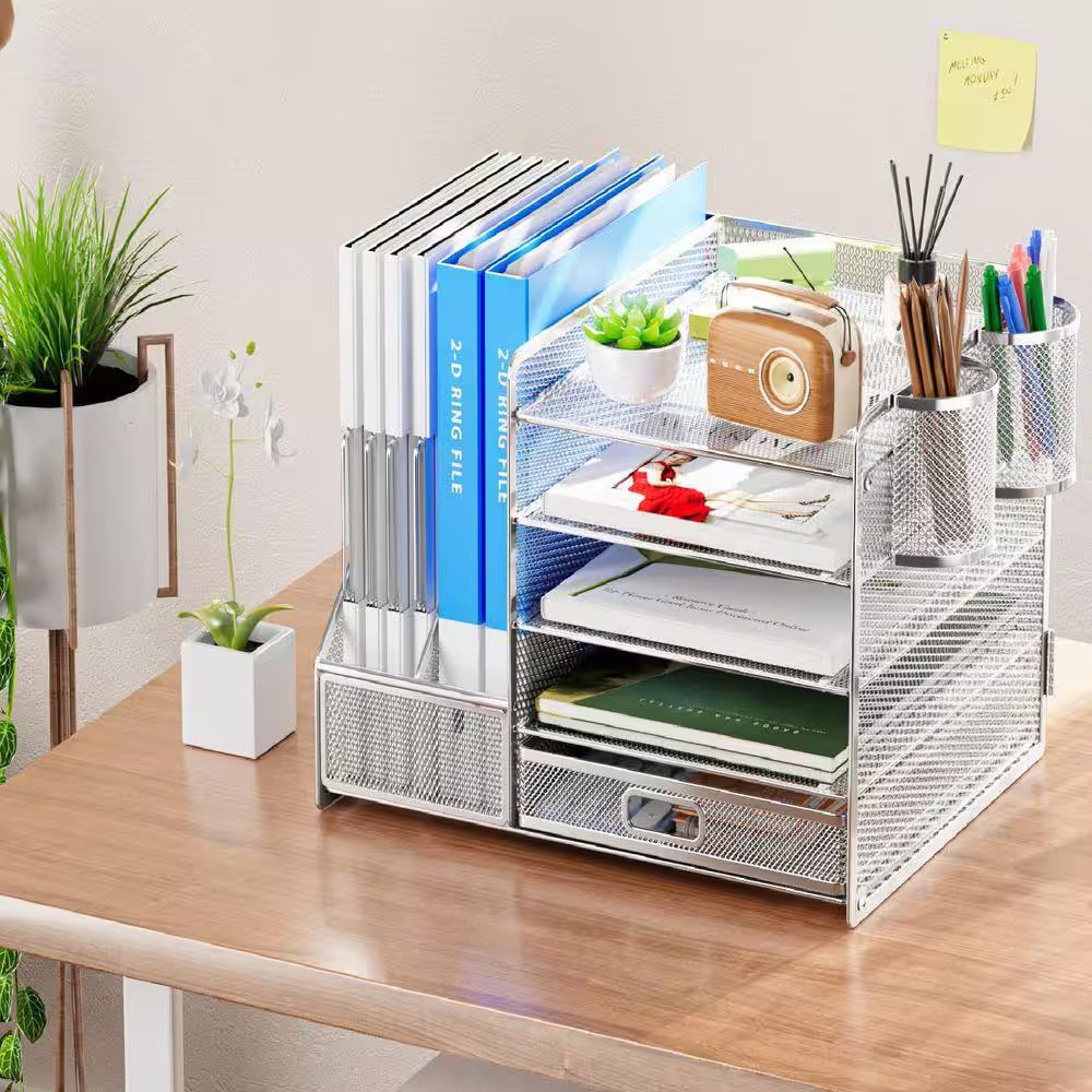 13.77 in X 11.02 in Silver Metal Desk Organizer with File Holder, 5-Tier Tray Or