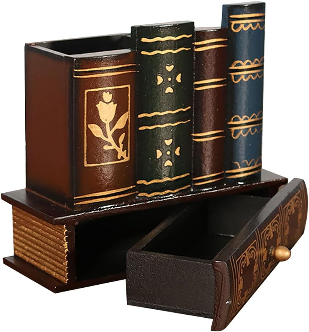 Kisangel Retro Wooden Pen Holder with Drawer Vintage Pencil Container Compact