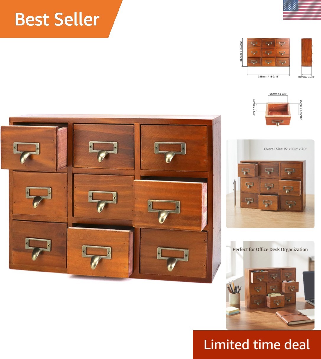 Rustic Dark Brown 9-Drawer Apothecary Cabinet for Elegant Bedroom & Office Decor