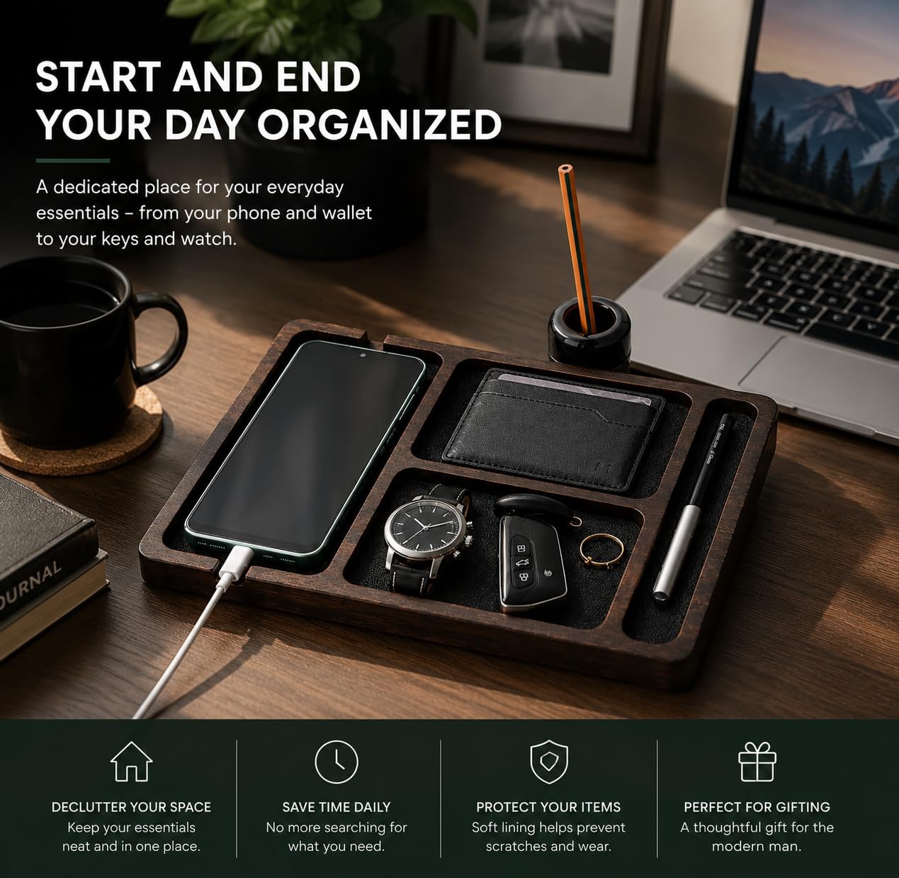 Wood Desk Organizer Tray Ceramic Pen Holder Valet Tray Phone Wallet Keys Holder