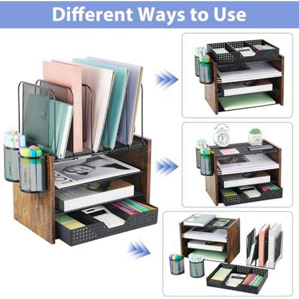 4-Tier Mesh Wood Desktop Organizer Shelf Vertical File Holder with Drawer and Pe
