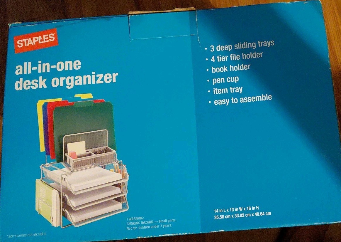 STAPLES All‑In‑One Wire Mesh Desk Organizer, 10‑Compartment Accessory SILVER