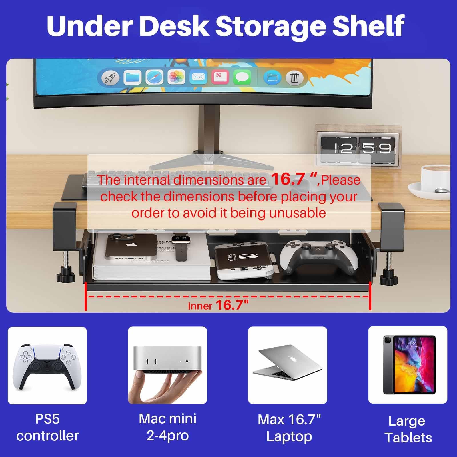 No Drill Under Desk Laptop Mount, 17 inches x 10.1 x 2.5 inches, Black