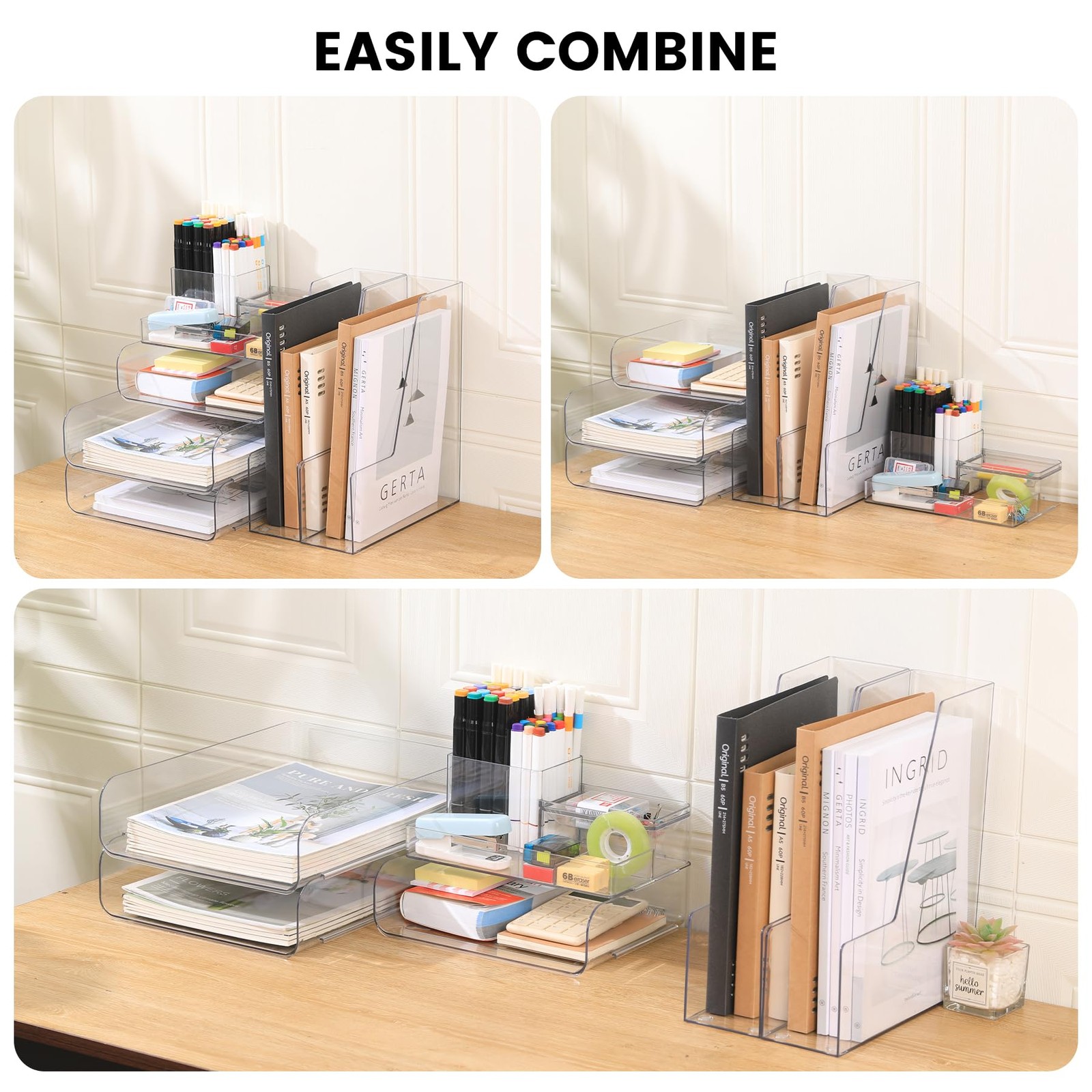 CiWiVOKi Desk Organizer with 2 Vertical File Holder, 4 Tier 6 pc, Clear