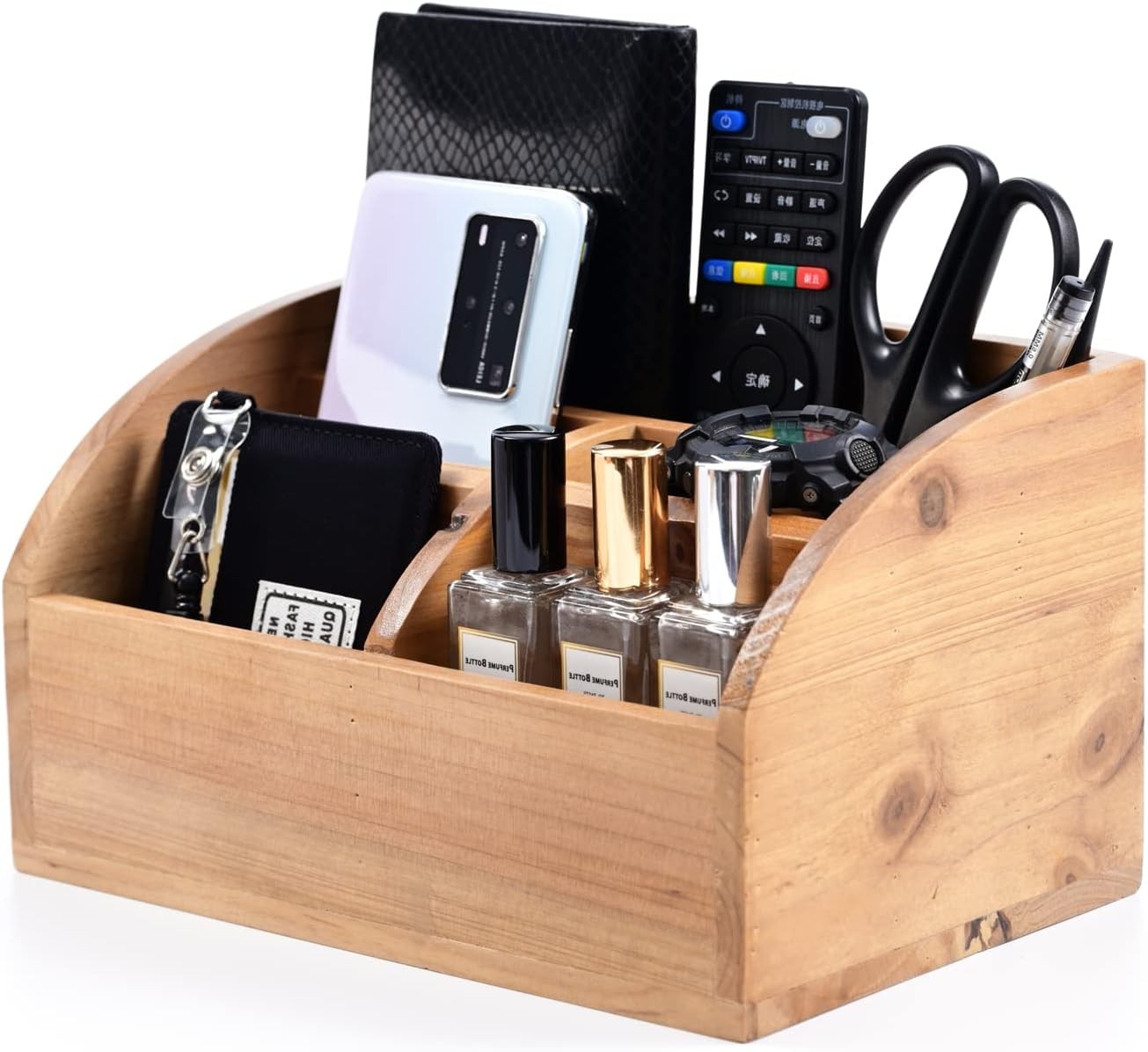 Rustic Vintage Wooden Desk Organizer Farmhouse Wood Remote Control Caddy 3 Slot