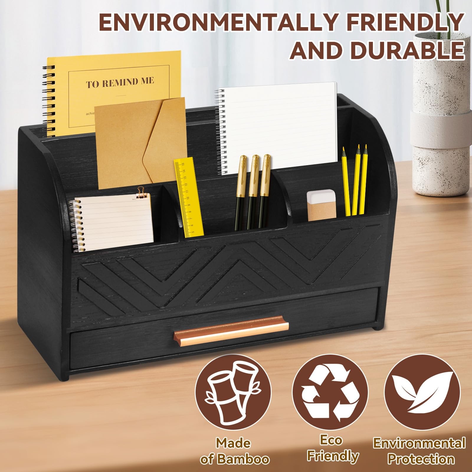 Charmewooden Black Desktop Organizer with Drawer Storage, White Desk