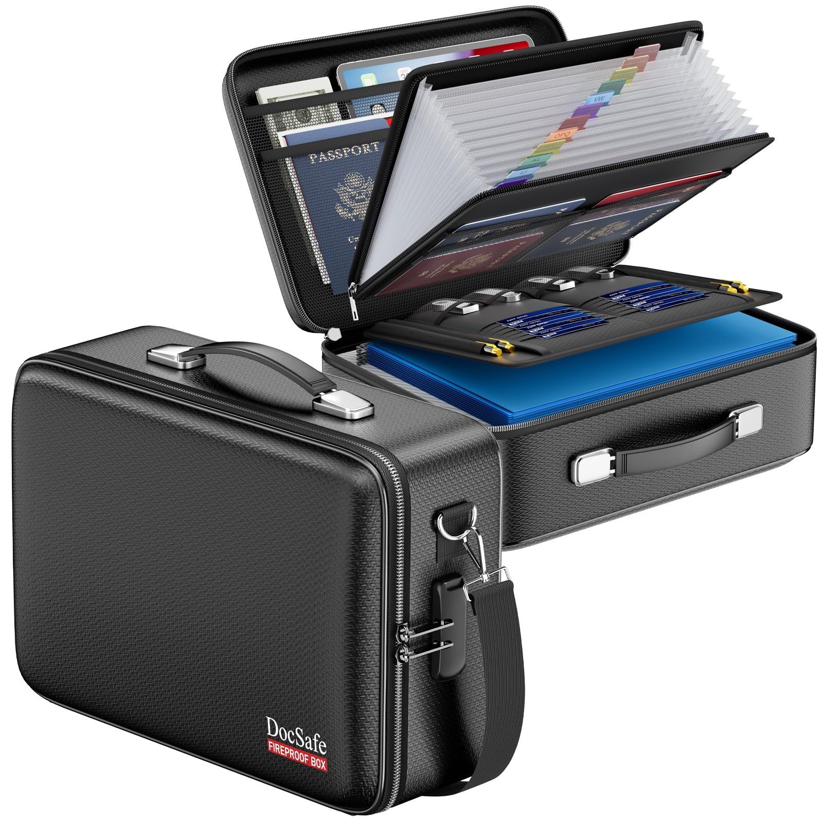 DocSafe Fireproof Document Box with Lock＆Shoulder Strap, Hard-Shell Black