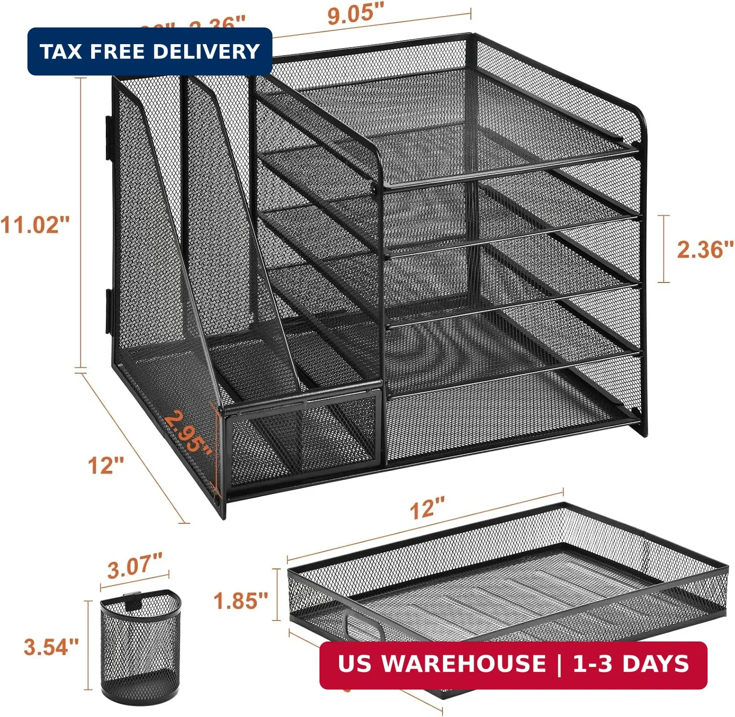 5 Tier Desk Organizer File Holder Paper Tray Drawer Pen Holders Black