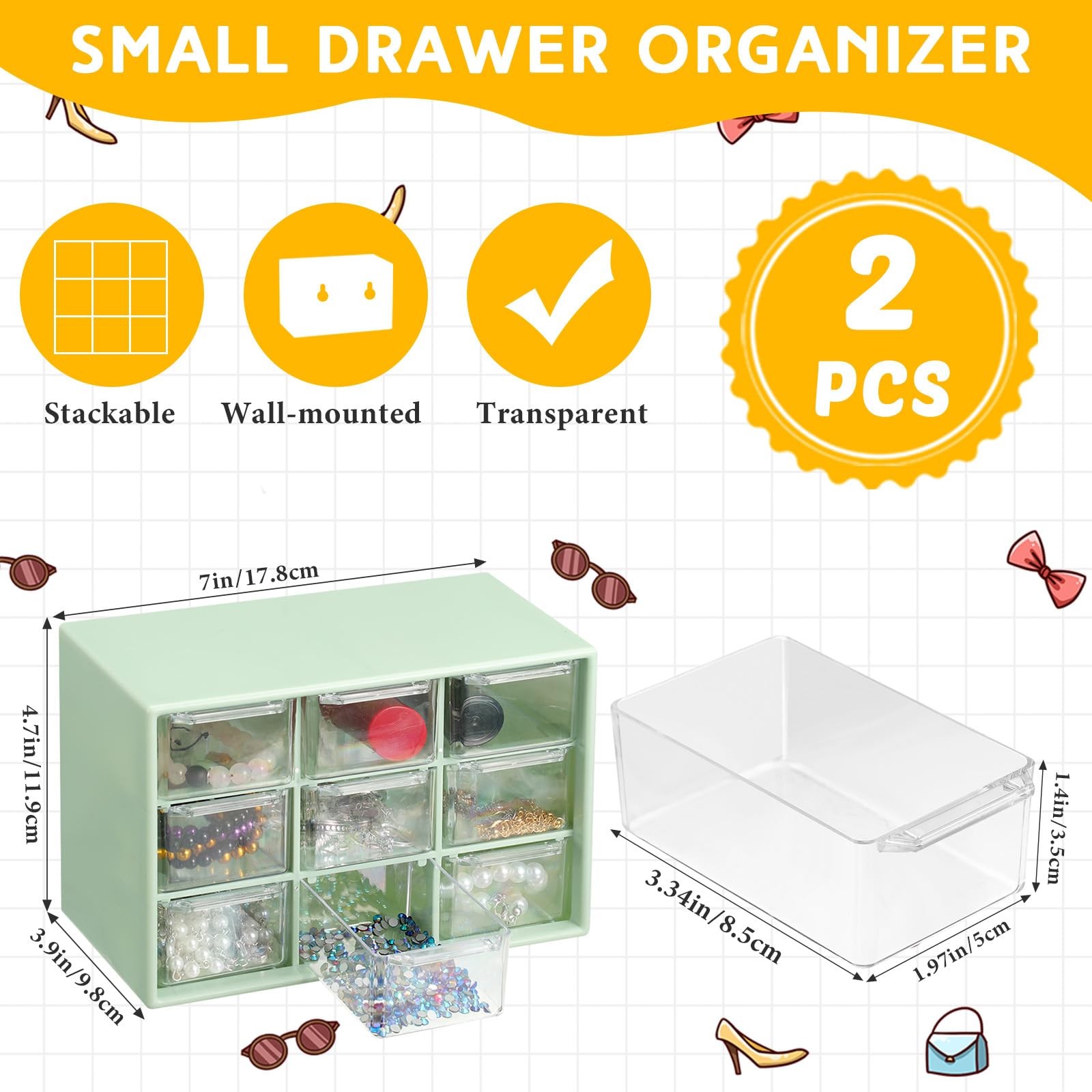 2 PCS Mini Storage Drawers Teacher Toolbox Craft Organizer 7×3.9×4.7 In Green