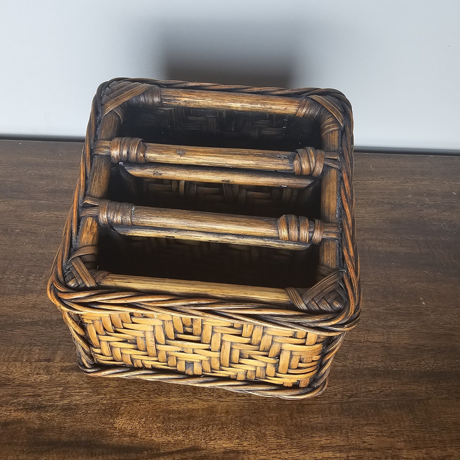 Boho Chic Woven Rattan Bamboo Desk Organizer 3 Compartment Vintage Storage